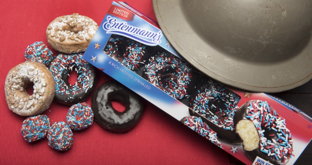 Entenmann's New Rich Frosted Patriotic Donut 8 pack Prodcut, Packaging & Helmet Shot