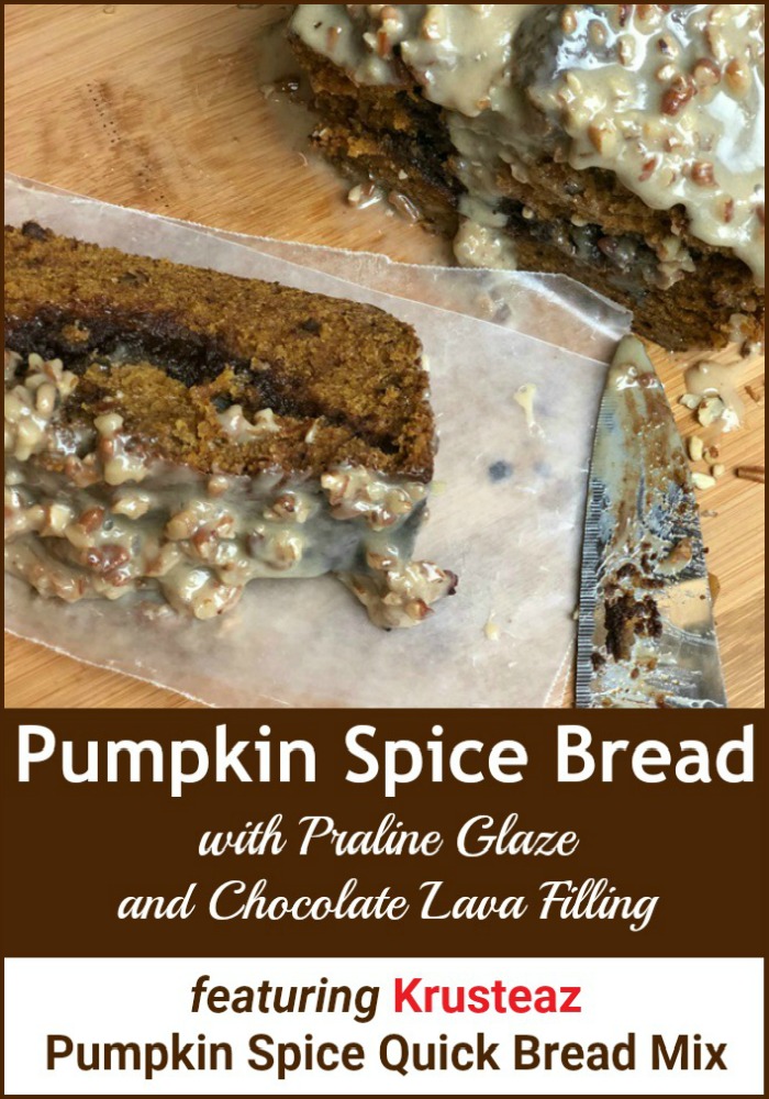 Pumpkin Spice Bread with Praline Glaze and Chocolate Lava Filling featuring Krusteaz Quick Bread Mix banner