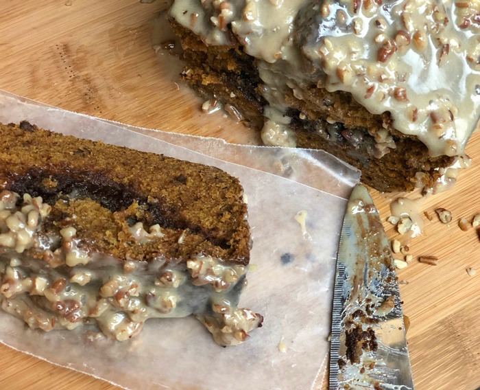 Krusteaz Pumpkin Spice Bread with Praline Glaze and Chocolate Lava Filling