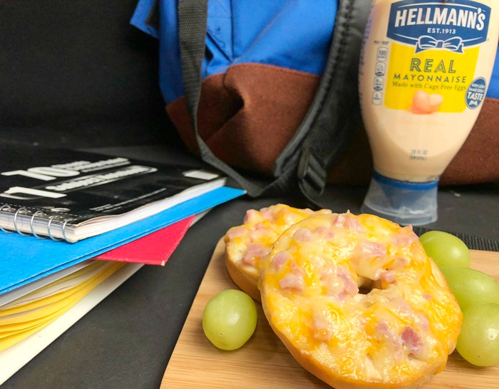 Ham & Cheese Bagels with school supplies and Hellmann's