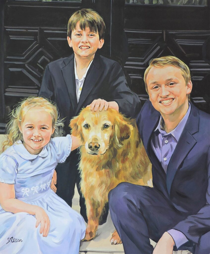 Custom family portrait with a pet dog